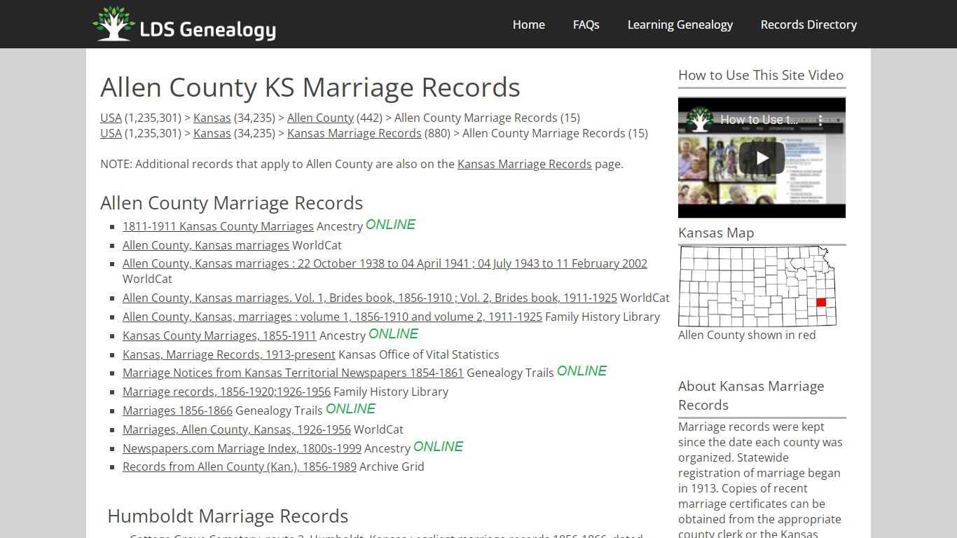 Allen County KS Marriage Records - LDS Genealogy