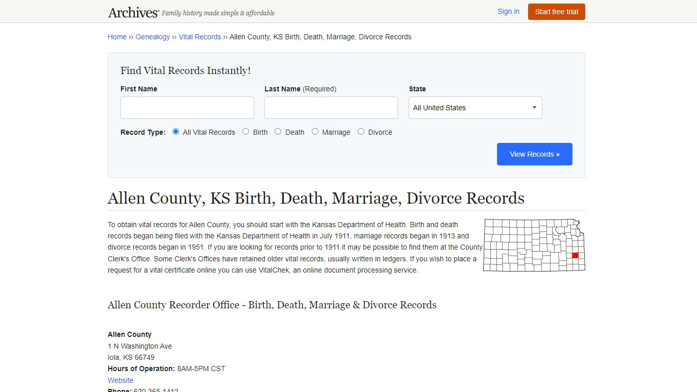 Allen County, KS Birth, Death, Marriage, Divorce Records